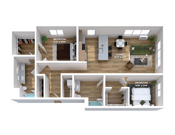 Two bedroom 3D floor plan with dual bathrooms at Montage Apartments, Oregon