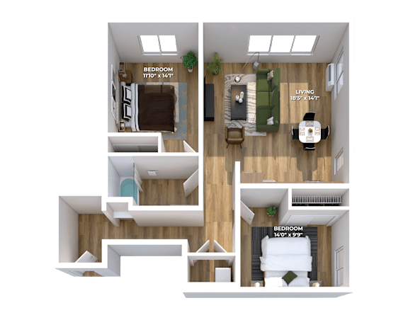 Two bedroom 3D floor plan with separate living area at Montage Apartments, Oregon, 97223