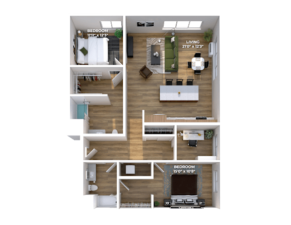 Two bedroom 3D floor plan with den and two bathrooms at Montage Apartments, Tigard, OR 97223