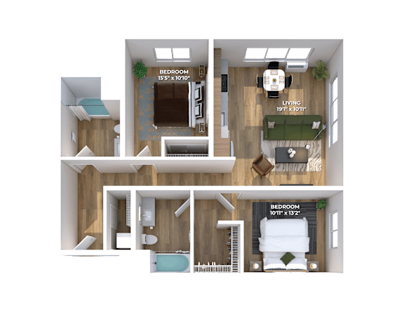 Two bedroom 3D floor plan with labeled dimensions at Montage Apartments, Tigard, 97223