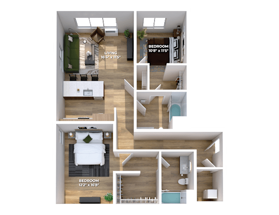 Two bedroom 3D floor plan with spacious living room at Montage Apartments, Tigard