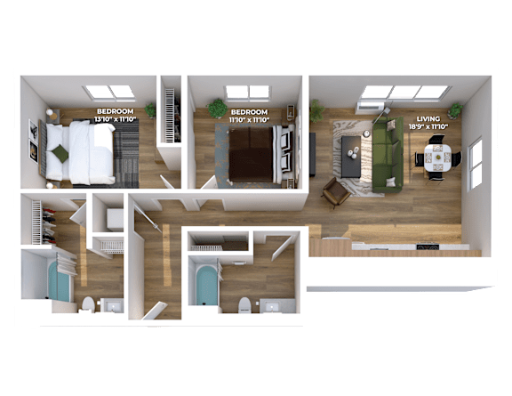 Two bedroom 3D floor plan with walk-in closets at Montage Apartments, Oregon