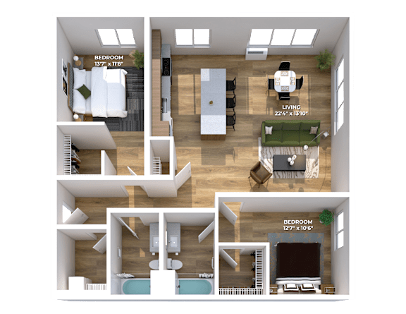 Two bedroom 3D floor plan with island kitchen at Montage Apartments, Oregon, 97223