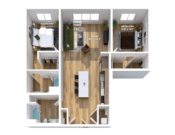 Two bedroom 3D floor plan with large living room at Montage Apartments, Tigard, OR 97223