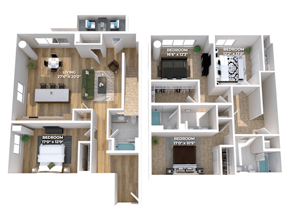 Four bedroom two story 3D floor plan at Montage Apartments, Tigard, OR