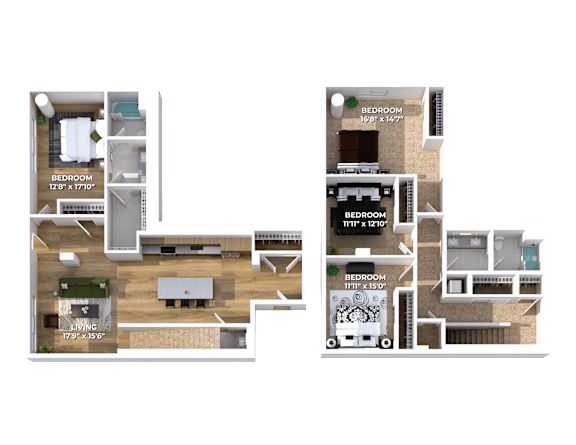 Split level 3D floor plan with four bedrooms at Montage Apartments, Tigard, 97223