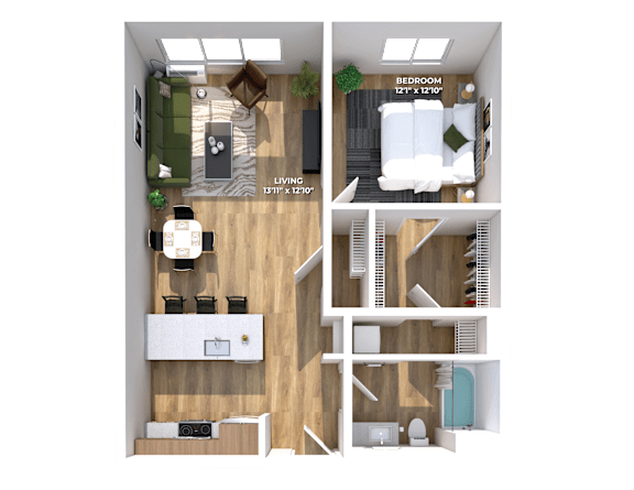 One bedroom 3D floor plan with bathroom details at Montage Apartments, Tigard, Oregon