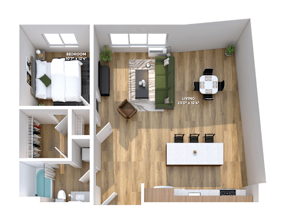 3D floor plan featuring bedroom and open living area at Montage Apartments, Oregon