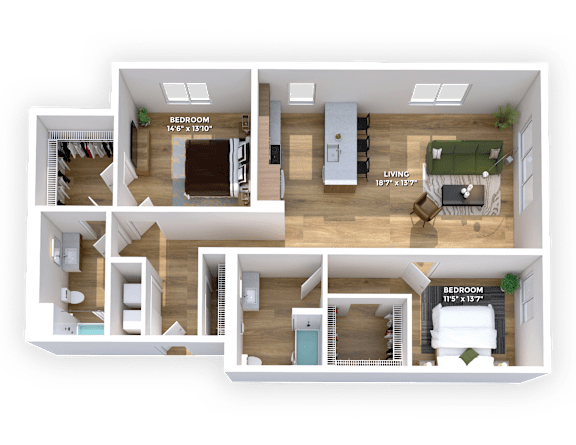 3D floor plan with two bedrooms and closets at Montage Apartments, Oregon, 97223