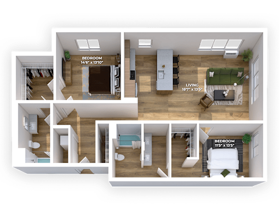 3D floor plan with two bedrooms and living room at Montage Apartments, Tigard, OR 97223