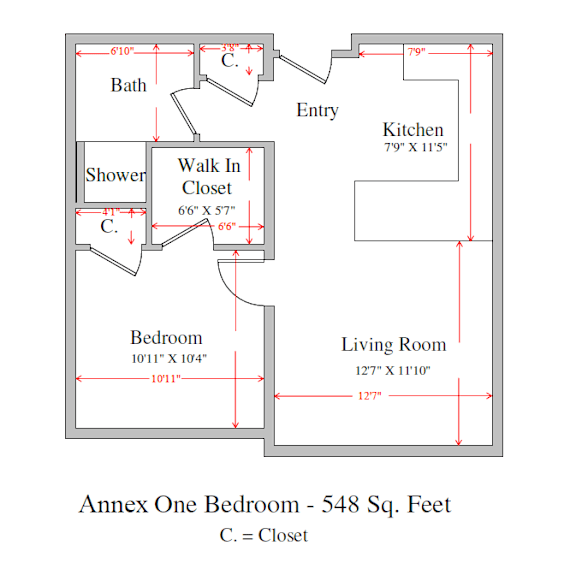 A floor plan of a bedroom with a living room, kitchen, bathroom, and closet.