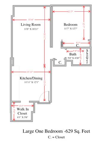 A floor plan of a large one bedroom apartment.