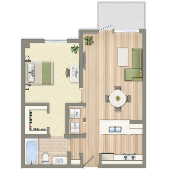 A floor plan of a house with a living room, dining room, kitchen, and bathrooms.