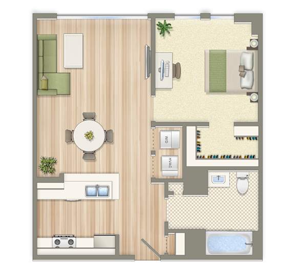 A floor plan of a house with a dining area, living room, kitchen, and bathroom.