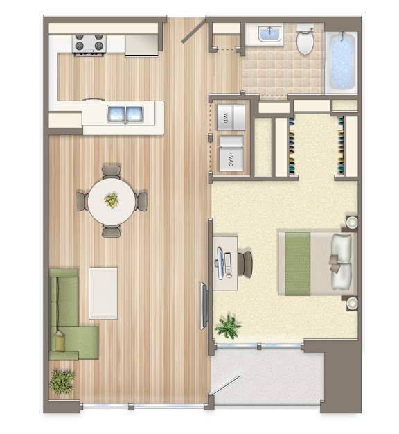 A floor plan of a house with a kitchen, living room, and bathroom.