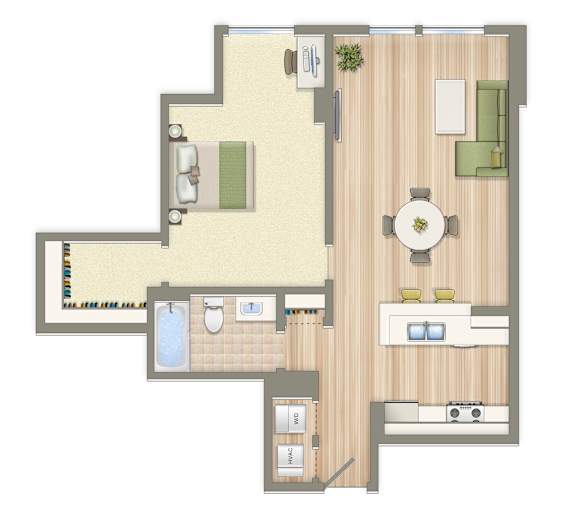 A floor plan of a house with a living room, kitchen, and bathroom.