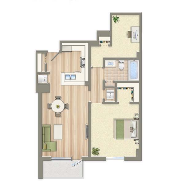 A floor plan of a house with a kitchen, living room, and bathroom.