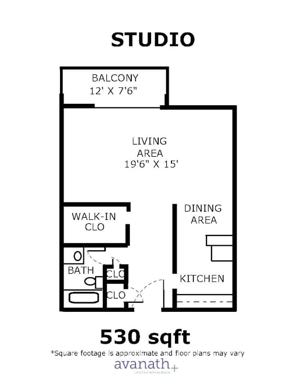 A floor plan of a 530 sqft studio apartment.
