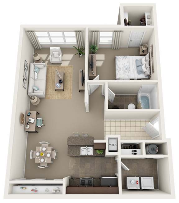 A 3D floor plan of a small apartment with a kitchen, living room, and bedroom.