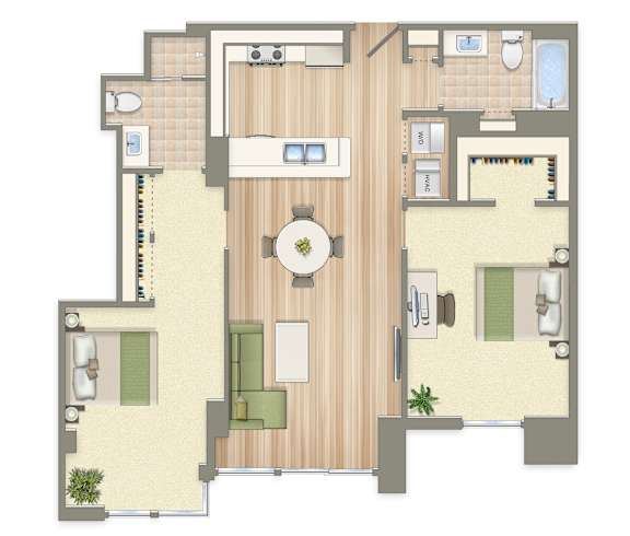 A floor plan of a house with a central hallway leading to the bedrooms and bathrooms.