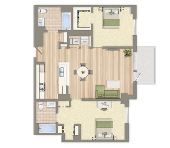 A floor plan of a house with a living room, dining room, kitchen, and two bedrooms.