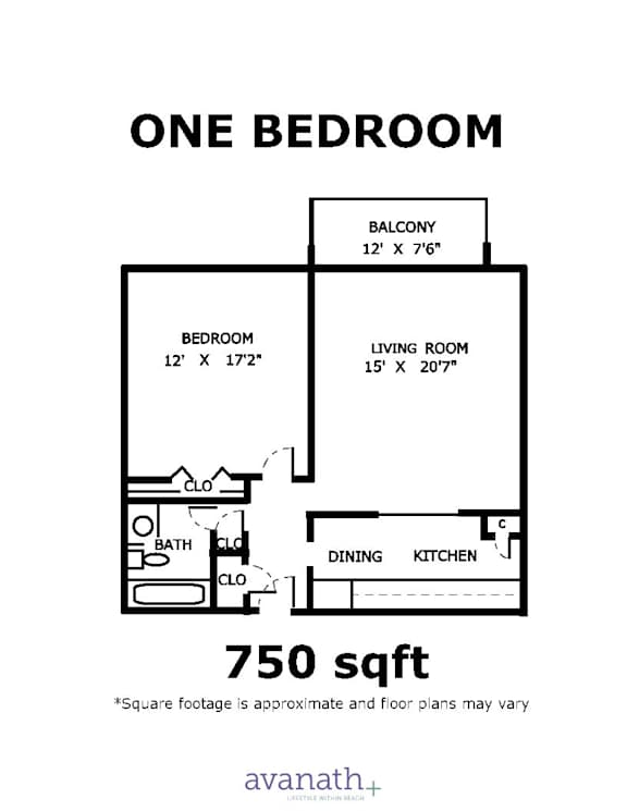 A floor plan for a one bedroom apartment sized at 750 sqft.