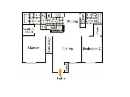 A floor plan of a house with a living room, two bedrooms, a dining area, a kitchen, a walk-in closet, and a master bedroom.