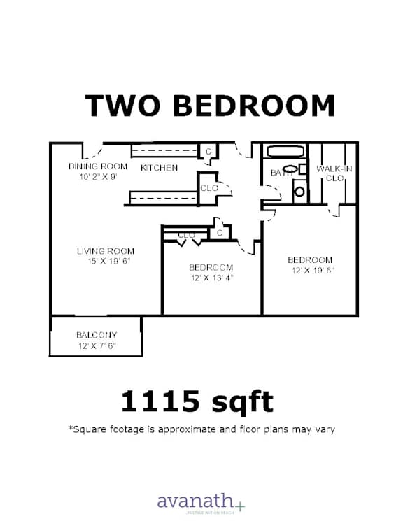 A floor plan for a two bedroom apartment sized 1115 sqft.