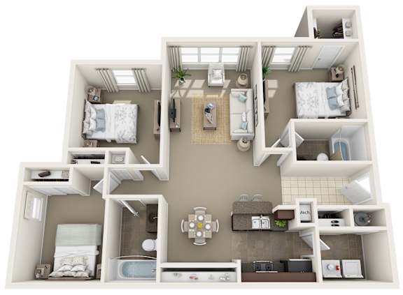 A 3D floor plan of a small apartment with two bedrooms, a living room, and a kitchen.