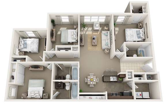 A 3D floor plan of a small apartment with two bedrooms, a living room, and a kitchen.