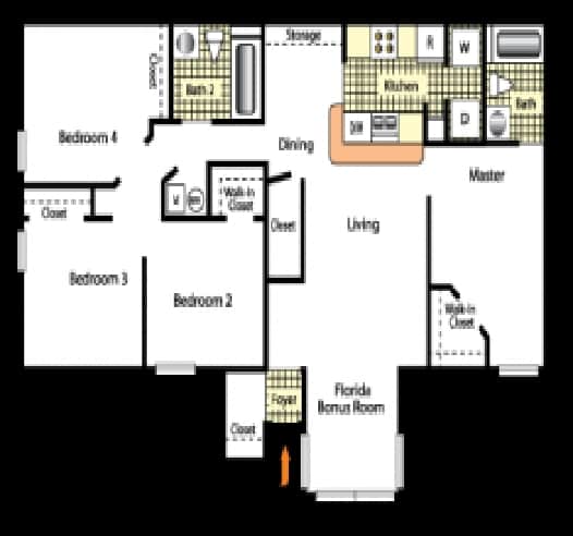 A floor plan of a house with four bedrooms and a Florida room.