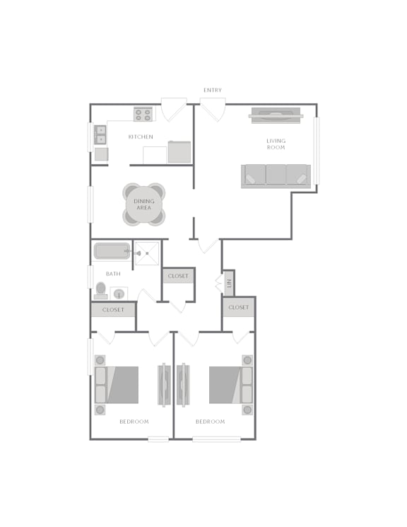 A floor plan of a house with a kitchen, living room, dining room, bathroom, closet, and bedroom.