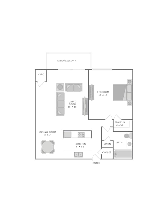 A floor plan of a house with a kitchen, living room, dining room, bedroom, bathroom and entry.