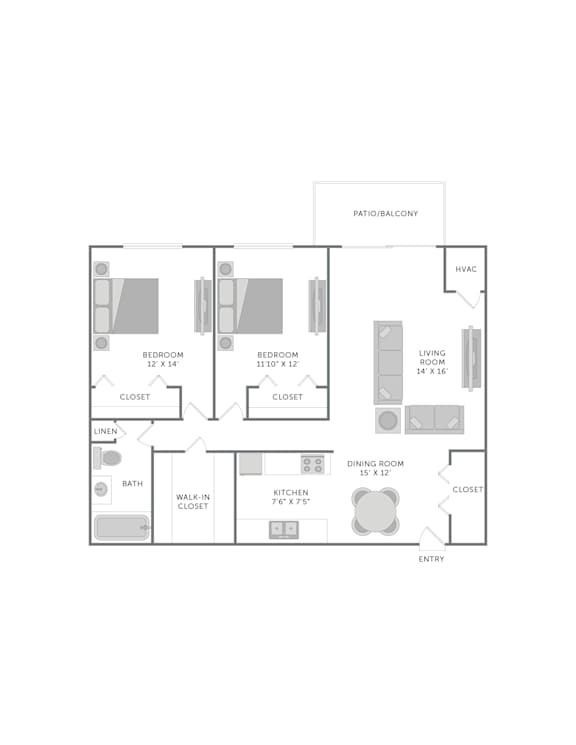 A floor plan of a house with two bedrooms, a living room, a dining room, a kitchen, an entry, a bath, a walk-in closet, and a linen closet.