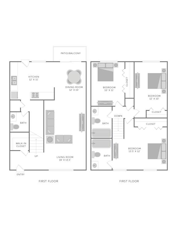 A floor plan of a two-story home with a living room, dining room, kitchen, and bathrooms.