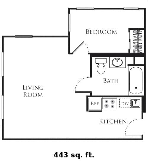 A floor plan of a 443 sq. ft. apartment with a living room, kitchen, and bedroom.
