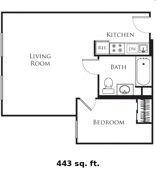 A floor plan of a 443 sq. ft. apartment with a living room, kitchen, bathroom, and bedroom.