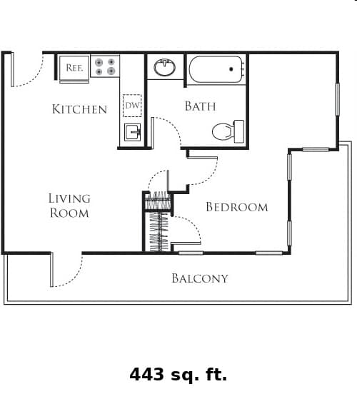 A floor plan of a 443 sq. ft. apartment with a living room, kitchen, bath, and balcony.