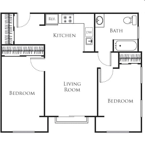 A floor plan of a house with a kitchen, living room, and two bedrooms.