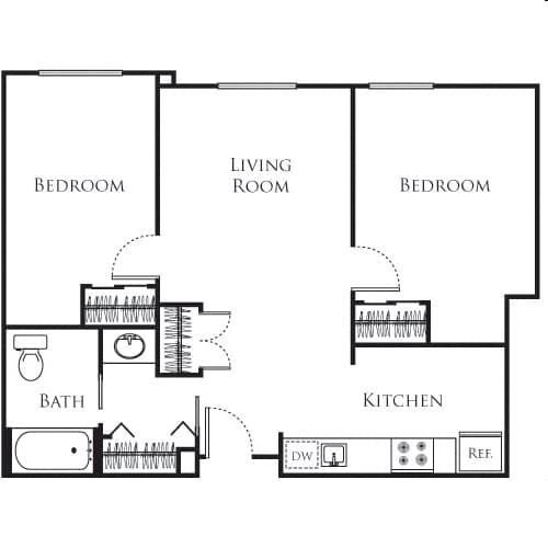 A black and white image of a floor plan for a home with three bedrooms, a living room, a kitchen, a bathroom, and a laundry area.