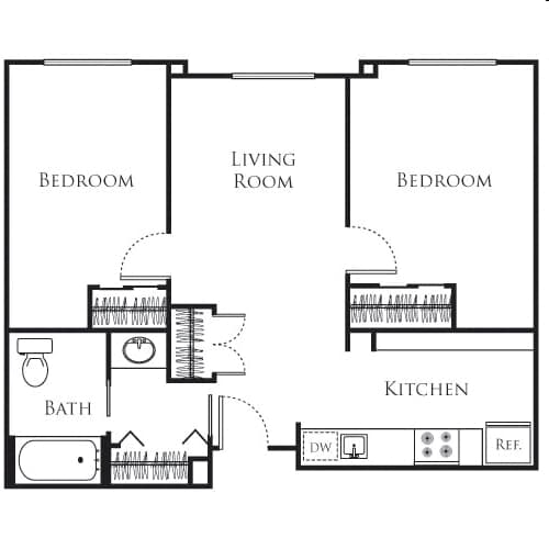 A floor plan of a house with three bedrooms, a living room, a kitchen, a bathroom, and a laundry room.