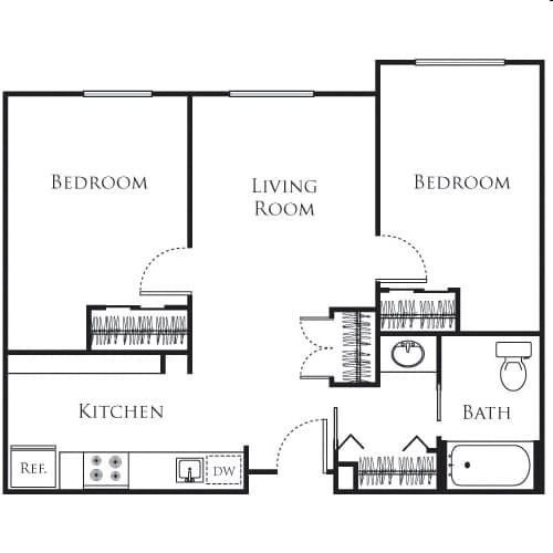A floor plan of a house with three bedrooms, a living room, a kitchen, and a bathroom.