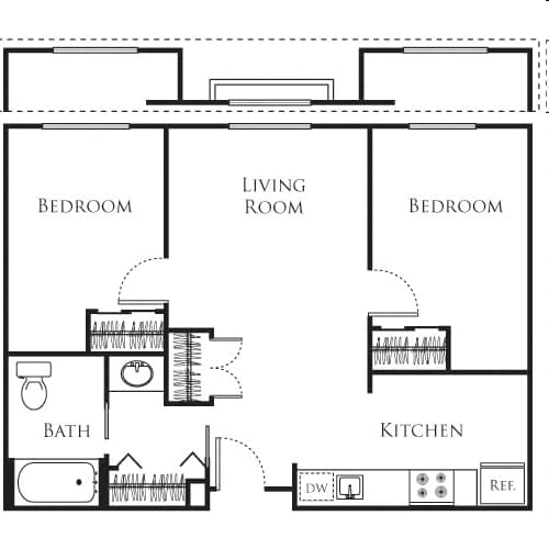 A floor plan of a small apartment with a living room, two bedrooms, a kitchen, and a bathroom.
