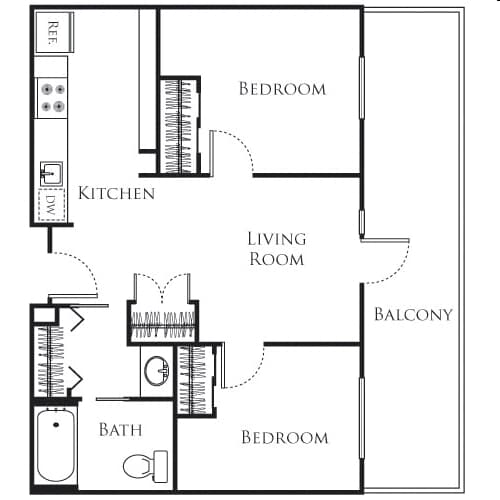 A floor plan of a home with a living room, two bedrooms, a kitchen, a bath, and a balcony.