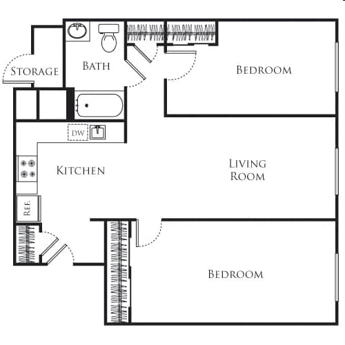 A floor plan of a home with a living room, kitchen, two bedrooms and storage.