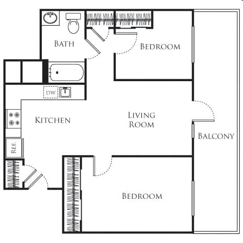 A floor plan of a house with a living room, kitchen, two bedrooms, a bathroom, and a balcony.