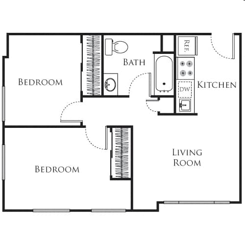A floor plan of a small apartment with two bedrooms, a living room, a kitchen, and a bathroom.