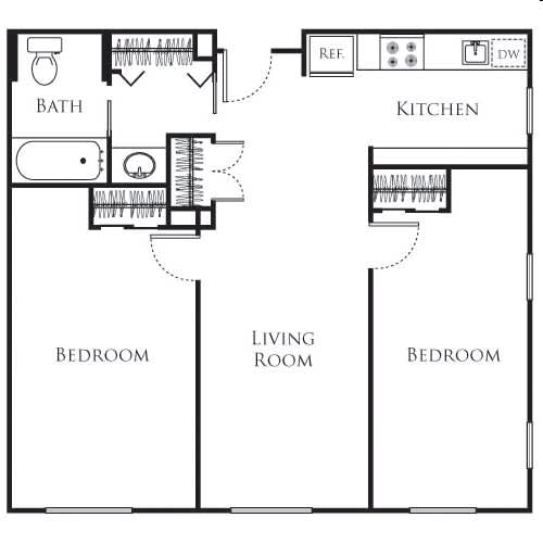 A floor plan of a house with a kitchen, two bedrooms, a bathroom, and a living room.