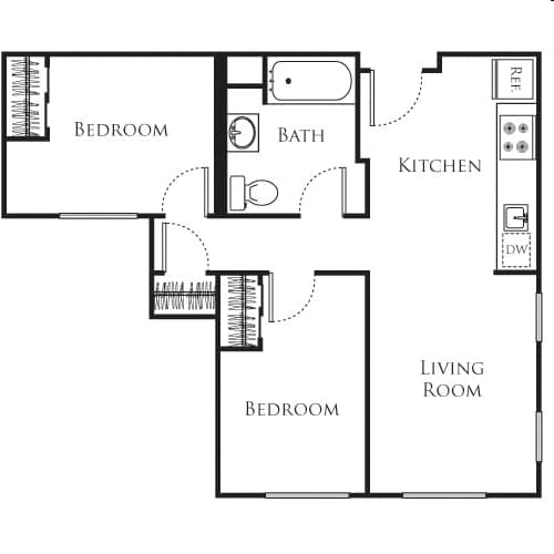 A black and white image of a floor plan for a house with a living room, kitchen, and two bedrooms.