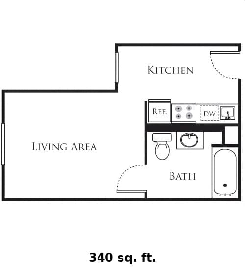 A floor plan of a 340 sq ft apartment with a living area, kitchen and bath.